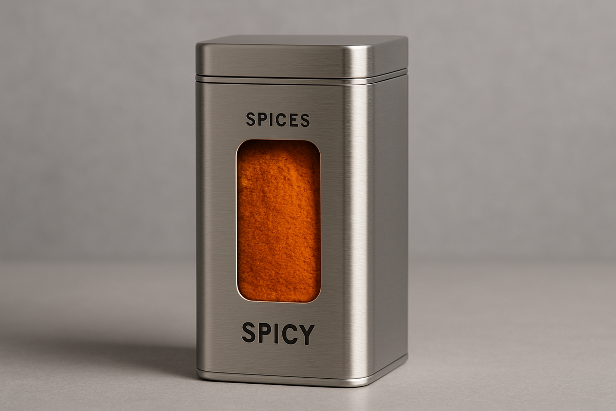an image of a spice container in a metal container with a clear window seeing a spicy looking orange powder in side. the labels should be discreet printed directly onto the metal container